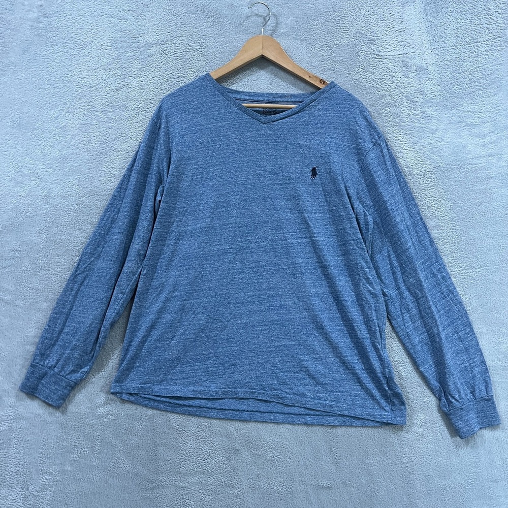 Polo Ralph Lauren T-Shirt Mens Large Blue Heather Pony Logo Long Sleeve V-Neck